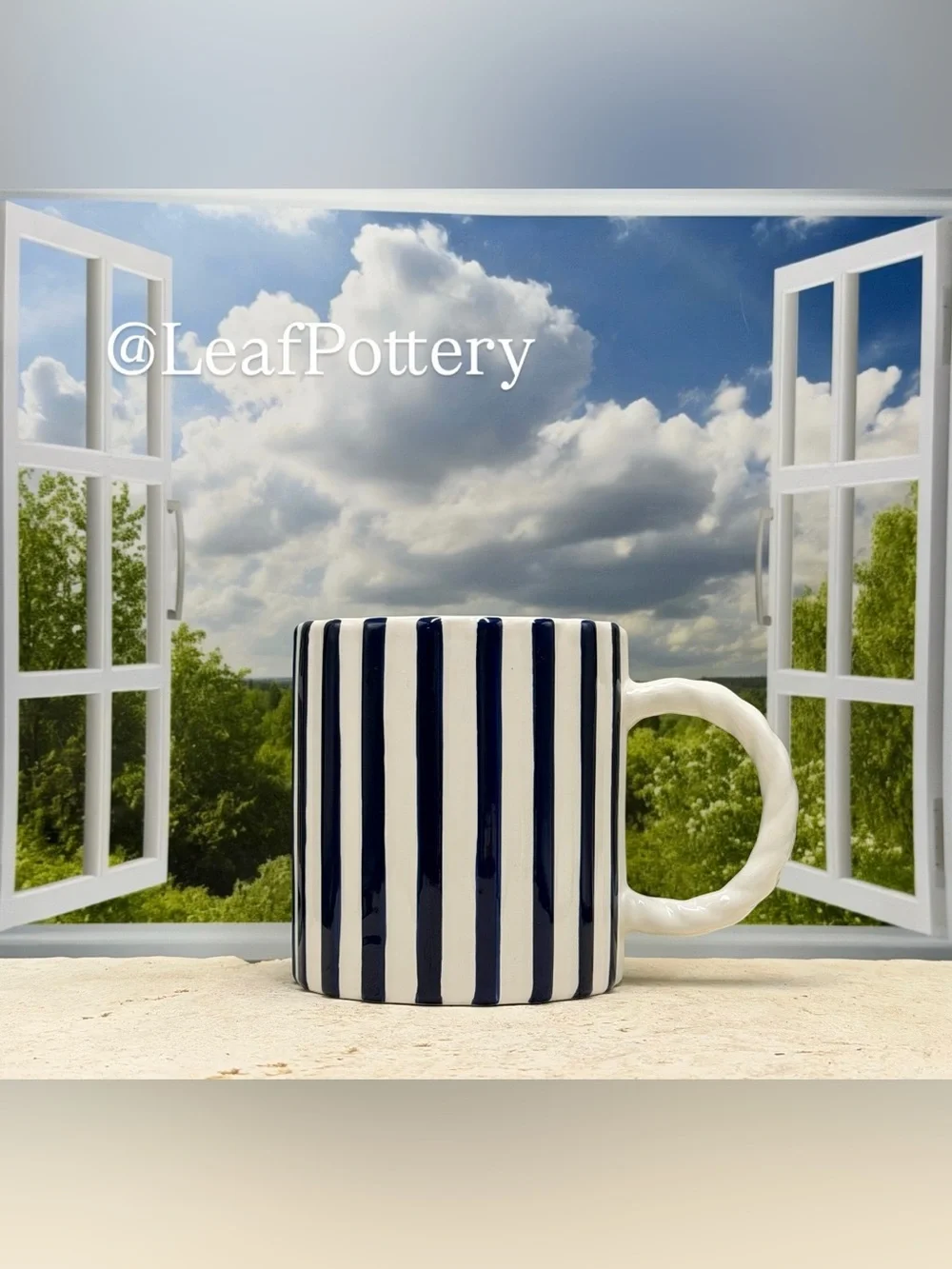 Sunday Morning Ceramics Striped Ceramic Mug | Large 20 oz Navy Blue & White